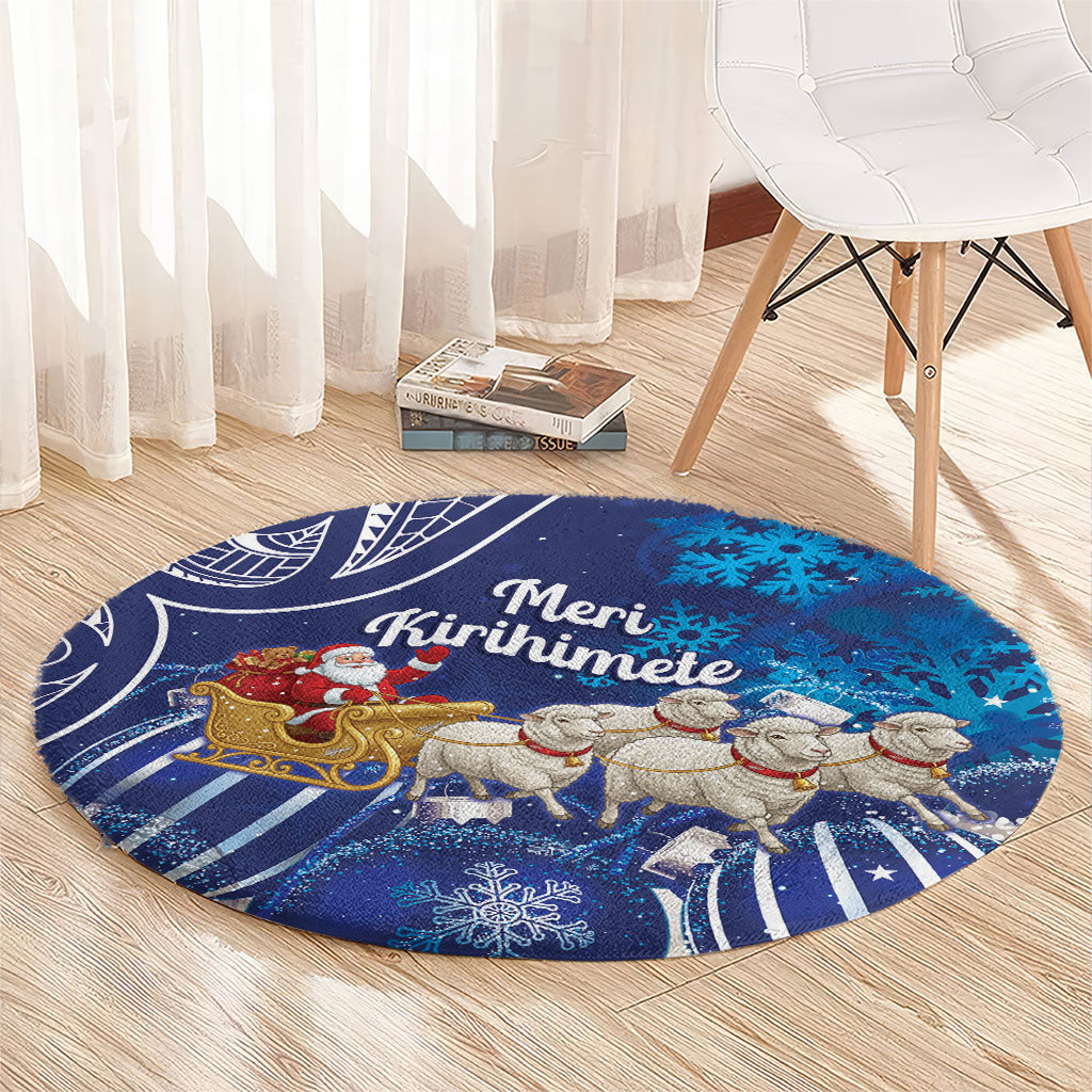 New Zealand Christmas In July Round Carpet Funny Santa Sheep Meri Kirihimete Blue LT14 - Polynesian Pride