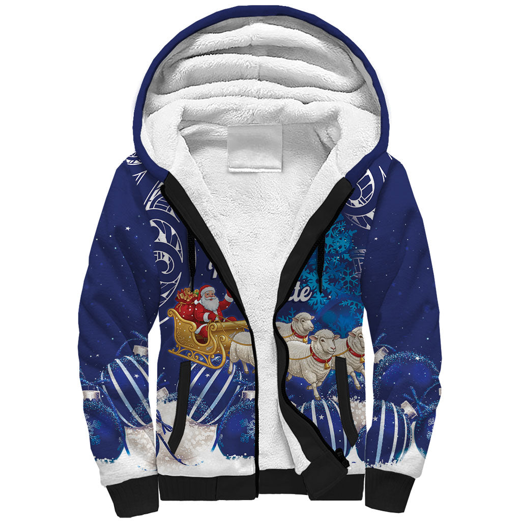 New Zealand Christmas In July Personalised Sherpa Hoodie Funny Santa Sheep Meri Kirihimete Blue LT14 Unisex Blue - Polynesian Pride