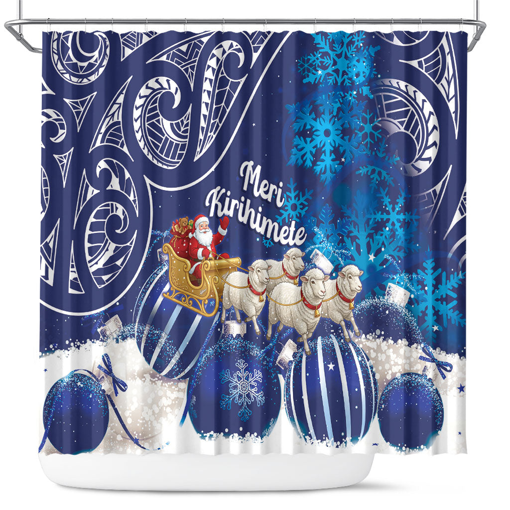 New Zealand Christmas In July Shower Curtain Funny Santa Sheep Meri Kirihimete Blue LT14 Blue - Polynesian Pride