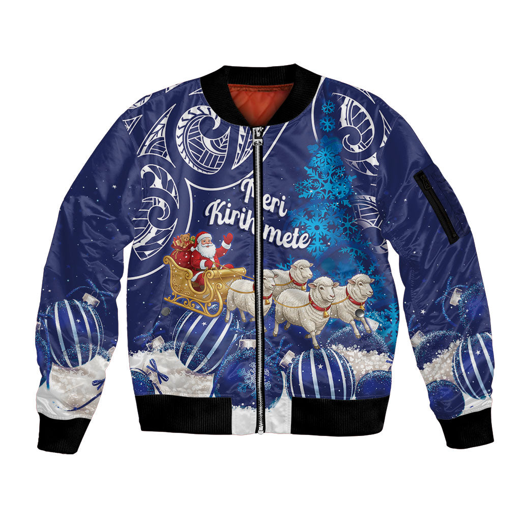 New Zealand Christmas In July Personalised Sleeve Zip Bomber Jacket Funny Santa Sheep Meri Kirihimete Blue LT14 Unisex Blue - Polynesian Pride