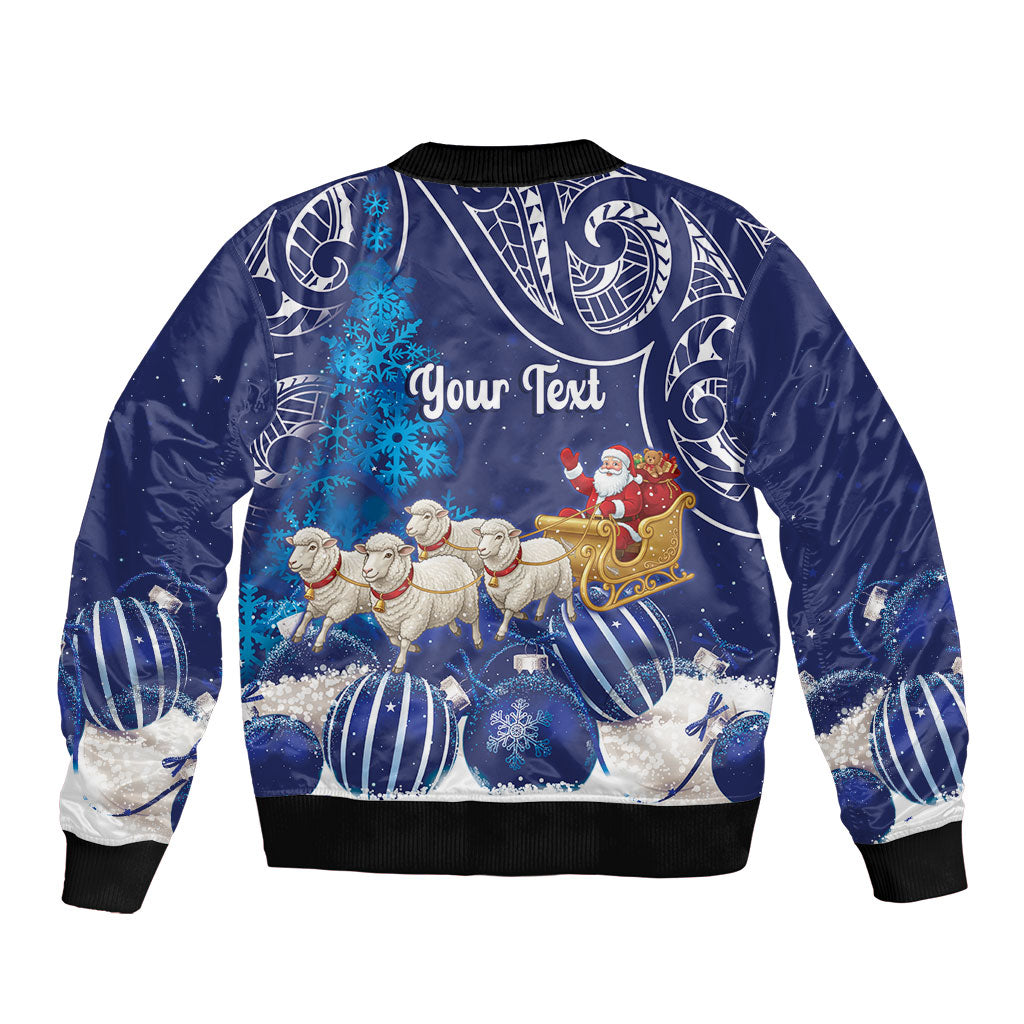 New Zealand Christmas In July Personalised Sleeve Zip Bomber Jacket Funny Santa Sheep Meri Kirihimete Blue LT14 - Polynesian Pride