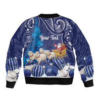 New Zealand Christmas In July Personalised Sleeve Zip Bomber Jacket Funny Santa Sheep Meri Kirihimete Blue LT14 - Polynesian Pride