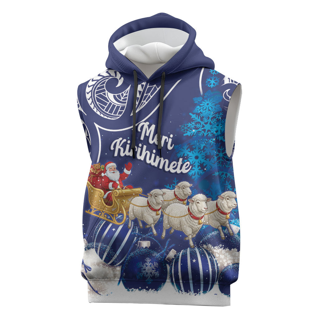 New Zealand Christmas In July Personalised Sleeveless Hoodie Funny Santa Sheep Meri Kirihimete Blue LT14 Blue - Polynesian Pride