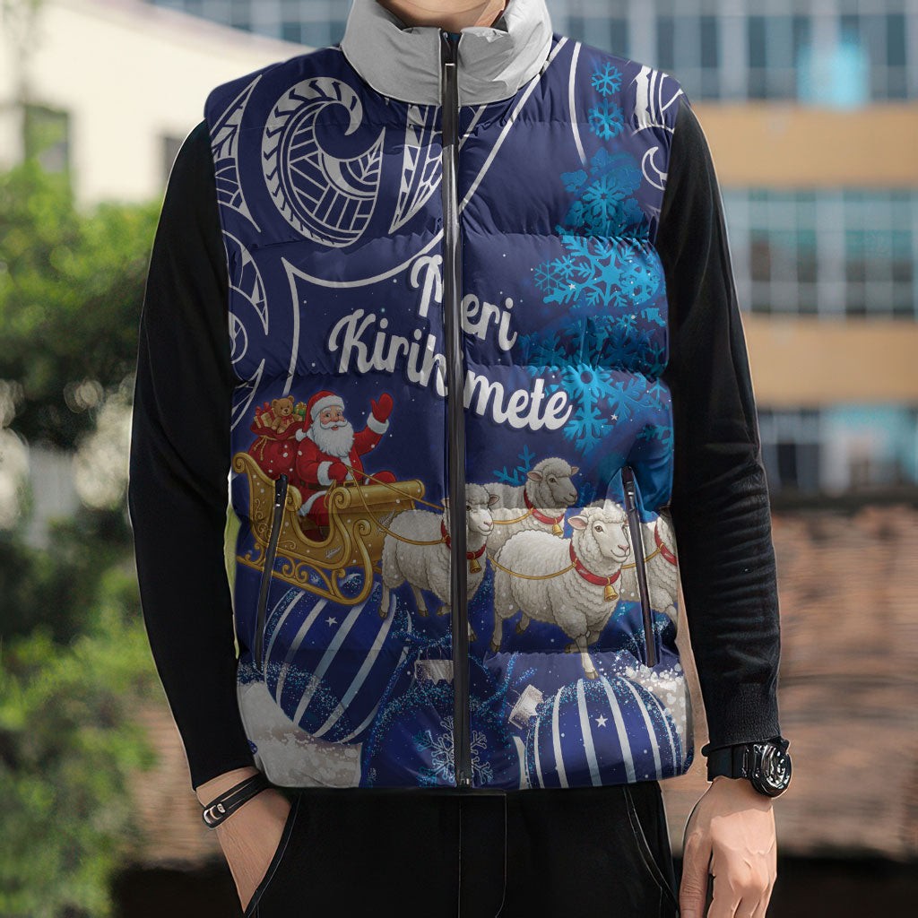 New Zealand Christmas In July Personalised Sleeveless Puffer Jacket Funny Santa Sheep Meri Kirihimete Blue LT14 - Polynesian Pride