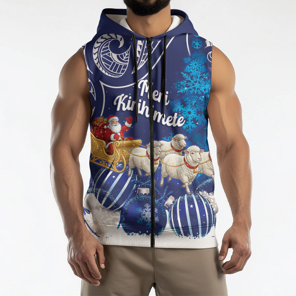 New Zealand Christmas In July Personalised Sleeveless Zip Hoodie Funny Santa Sheep Meri Kirihimete Blue LT14 - Polynesian Pride