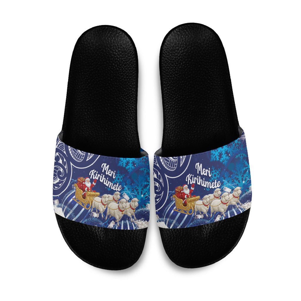 New Zealand Christmas In July Slide Sandals Funny Santa Sheep Meri Kirihimete Blue LT14 Blue - Polynesian Pride