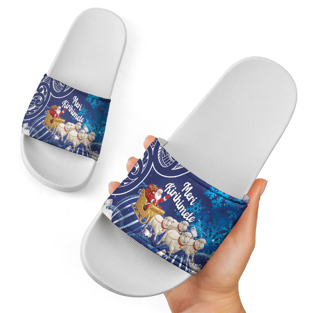 New Zealand Christmas In July Slide Sandals Funny Santa Sheep Meri Kirihimete Blue LT14 - Polynesian Pride