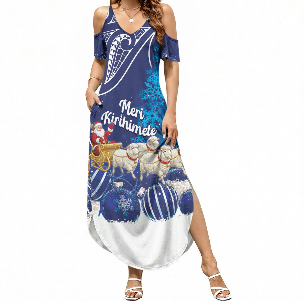 New Zealand Christmas In July Personalised Summer Maxi Dress Funny Santa Sheep Meri Kirihimete Blue LT14 Women Blue - Polynesian Pride