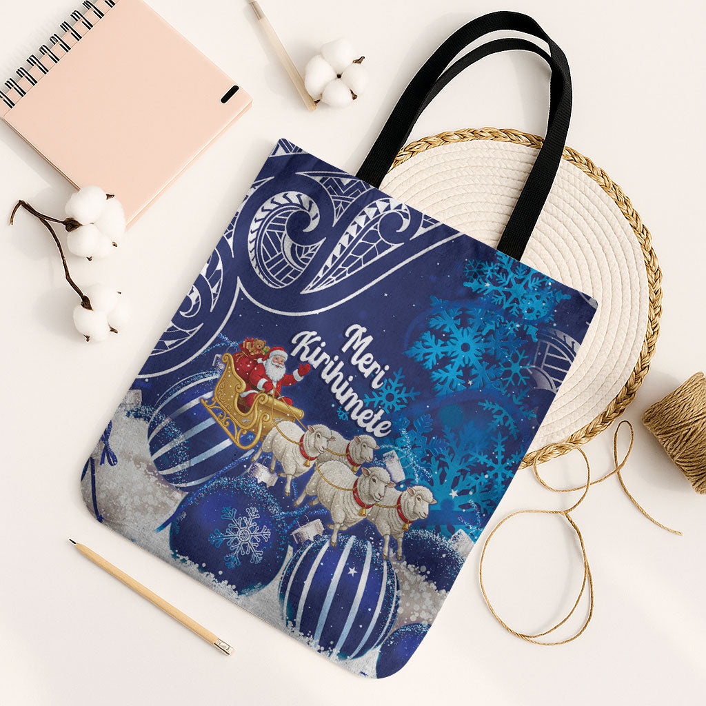 New Zealand Christmas In July Tote Bag Funny Santa Sheep Meri Kirihimete Blue LT14 Black Strap One Size Blue - Polynesian Pride