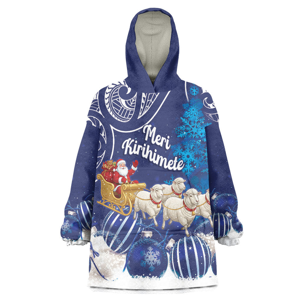 New Zealand Christmas In July Personalised Wearable Blanket Hoodie Funny Santa Sheep Meri Kirihimete Blue LT14 One Size Blue - Polynesian Pride