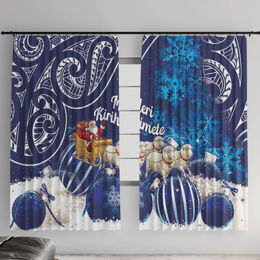 New Zealand Christmas In July Window Curtain Funny Santa Sheep Meri Kirihimete Blue LT14 With Hooks Blue - Polynesian Pride