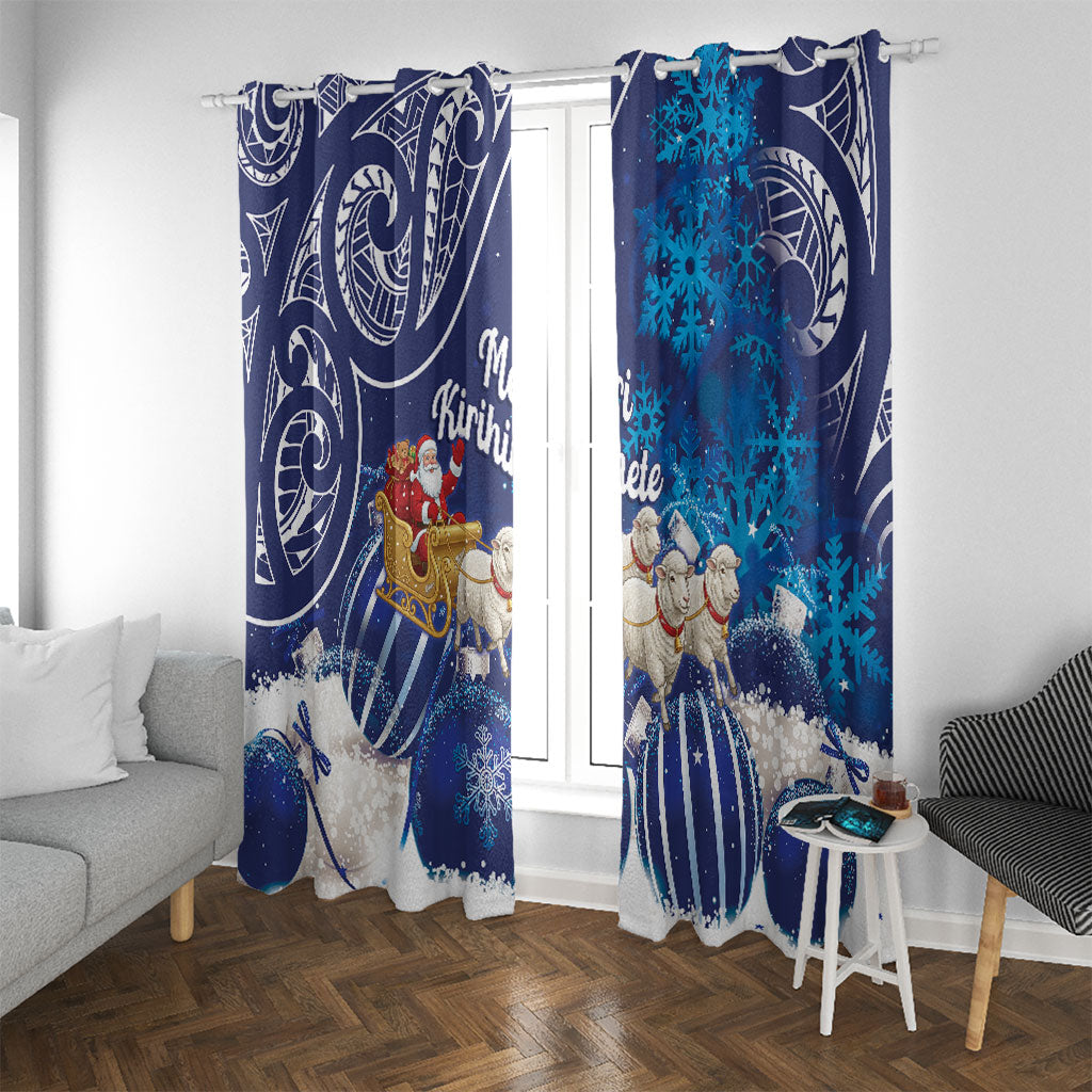 New Zealand Christmas In July Window Curtain Funny Santa Sheep Meri Kirihimete Blue LT14 With Grommets Blue - Polynesian Pride