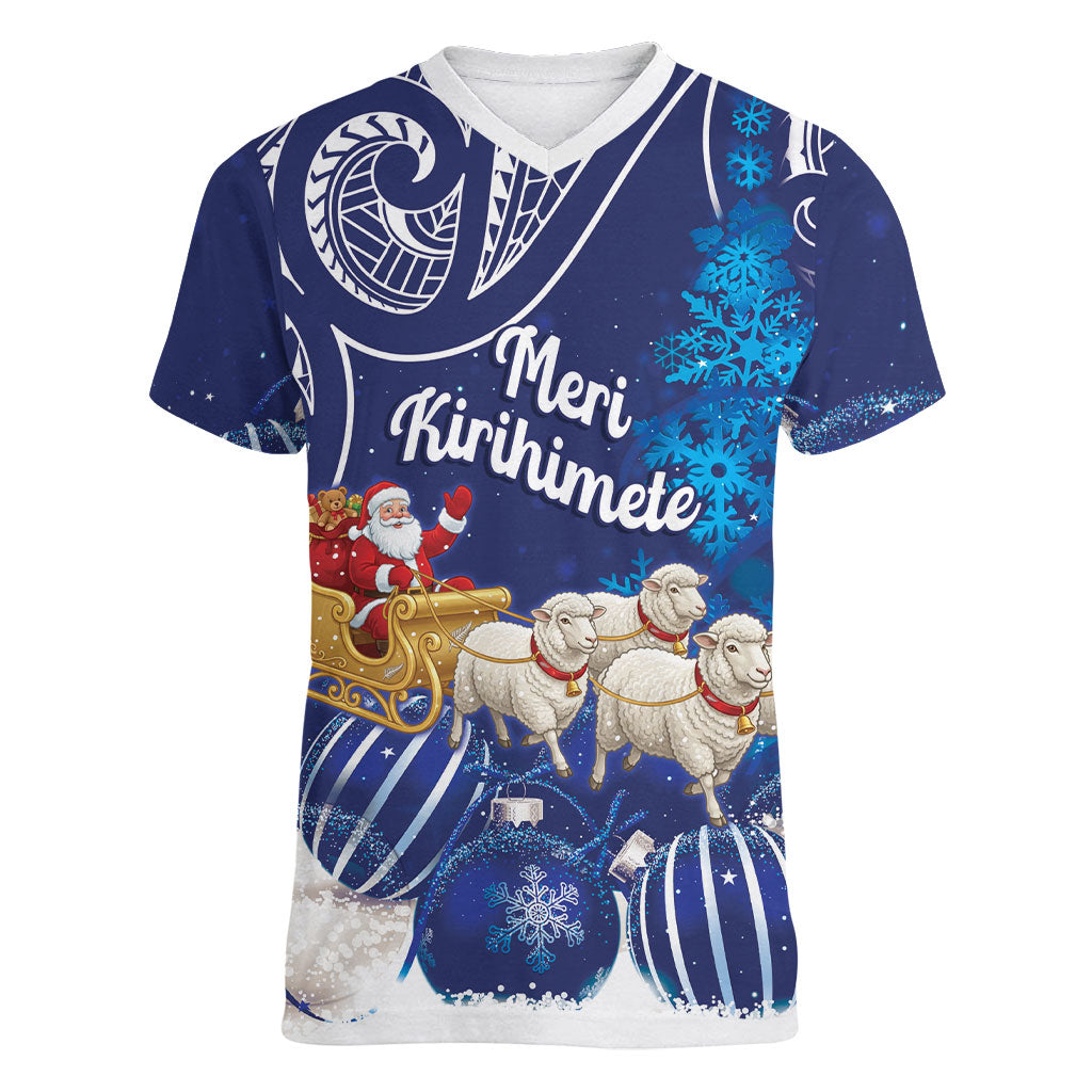 New Zealand Christmas In July Personalised Women V-Neck T-Shirt Funny Santa Sheep Meri Kirihimete Blue LT14 Female Blue - Polynesian Pride