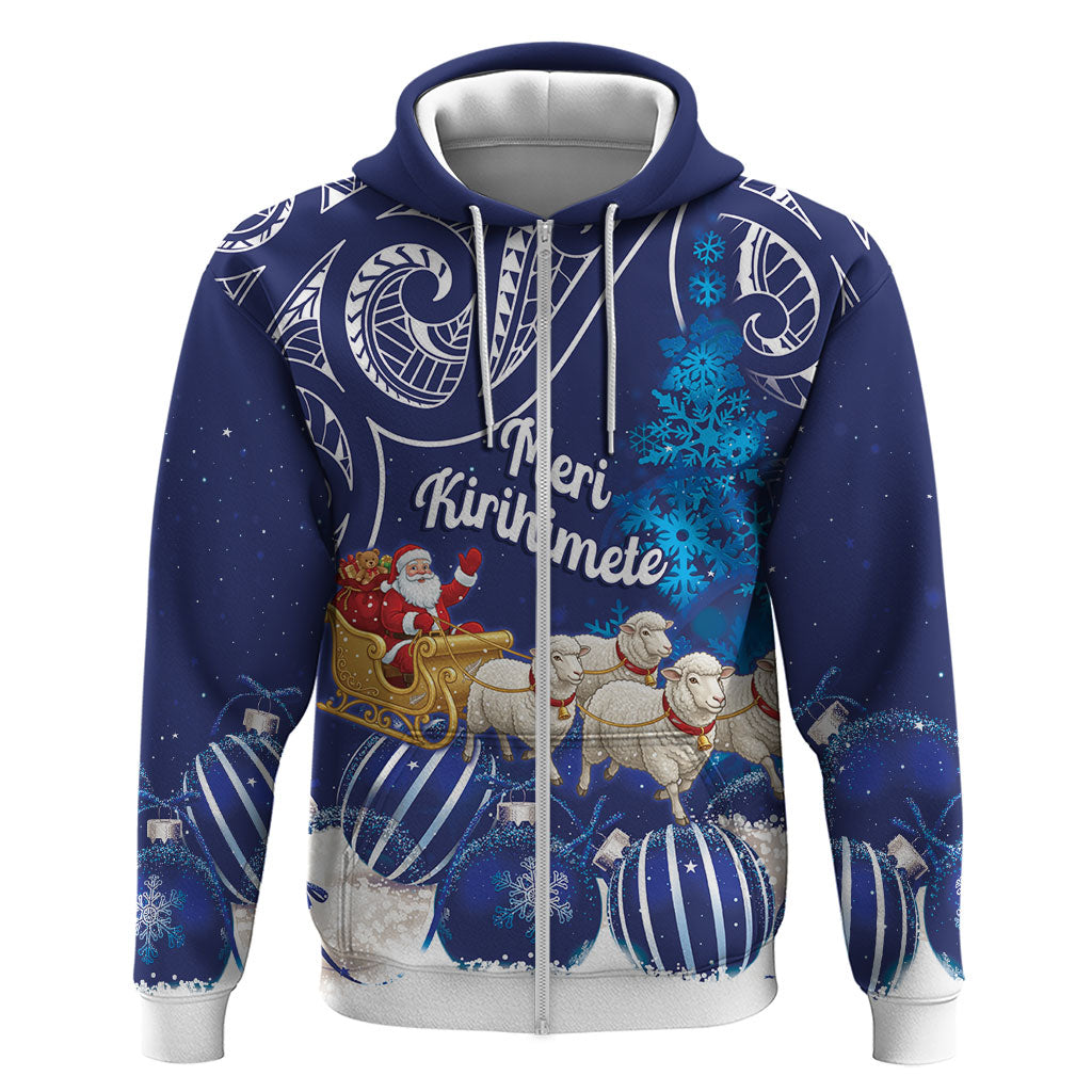 New Zealand Christmas In July Personalised Zip Hoodie Funny Santa Sheep Meri Kirihimete Blue LT14 Zip Hoodie Blue - Polynesian Pride