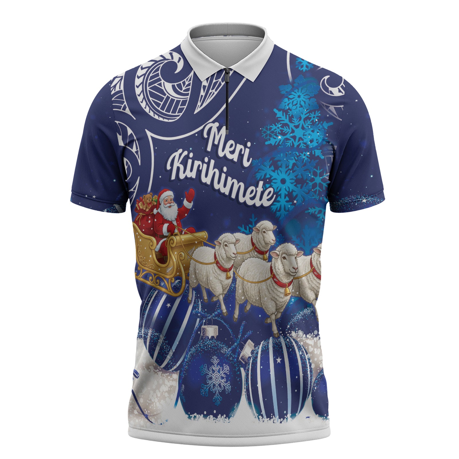 New Zealand Christmas In July Personalised Zipper Polo Shirt Funny Santa Sheep Meri Kirihimete Blue LT14 Blue - Polynesian Pride