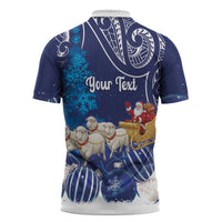 New Zealand Christmas In July Personalised Zipper Polo Shirt Funny Santa Sheep Meri Kirihimete Blue LT14 - Polynesian Pride