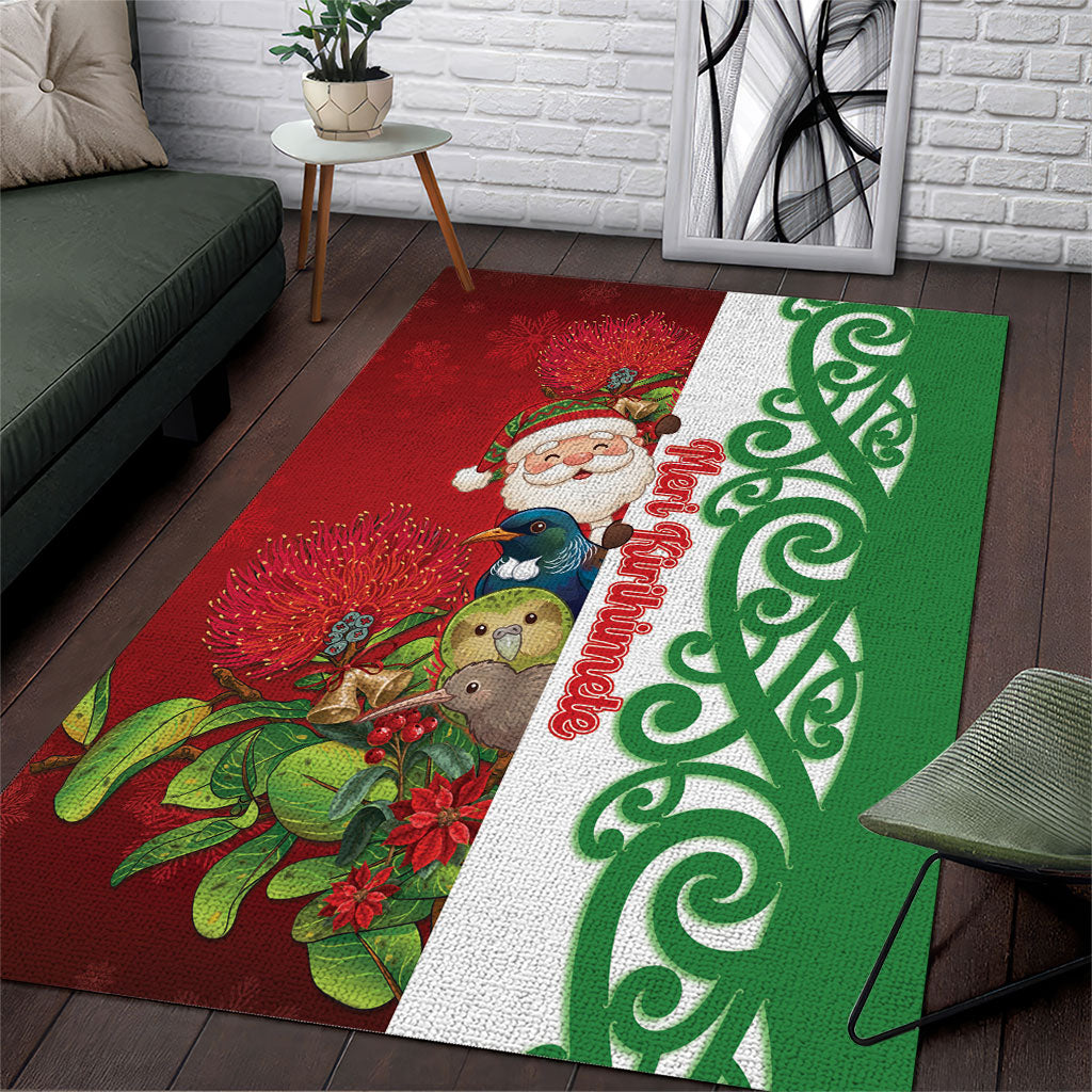 Meri Kirihimete New Zealand Area Rug Cute Santa NZ Animals and Pohutukawa LT14 Red - Polynesian Pride