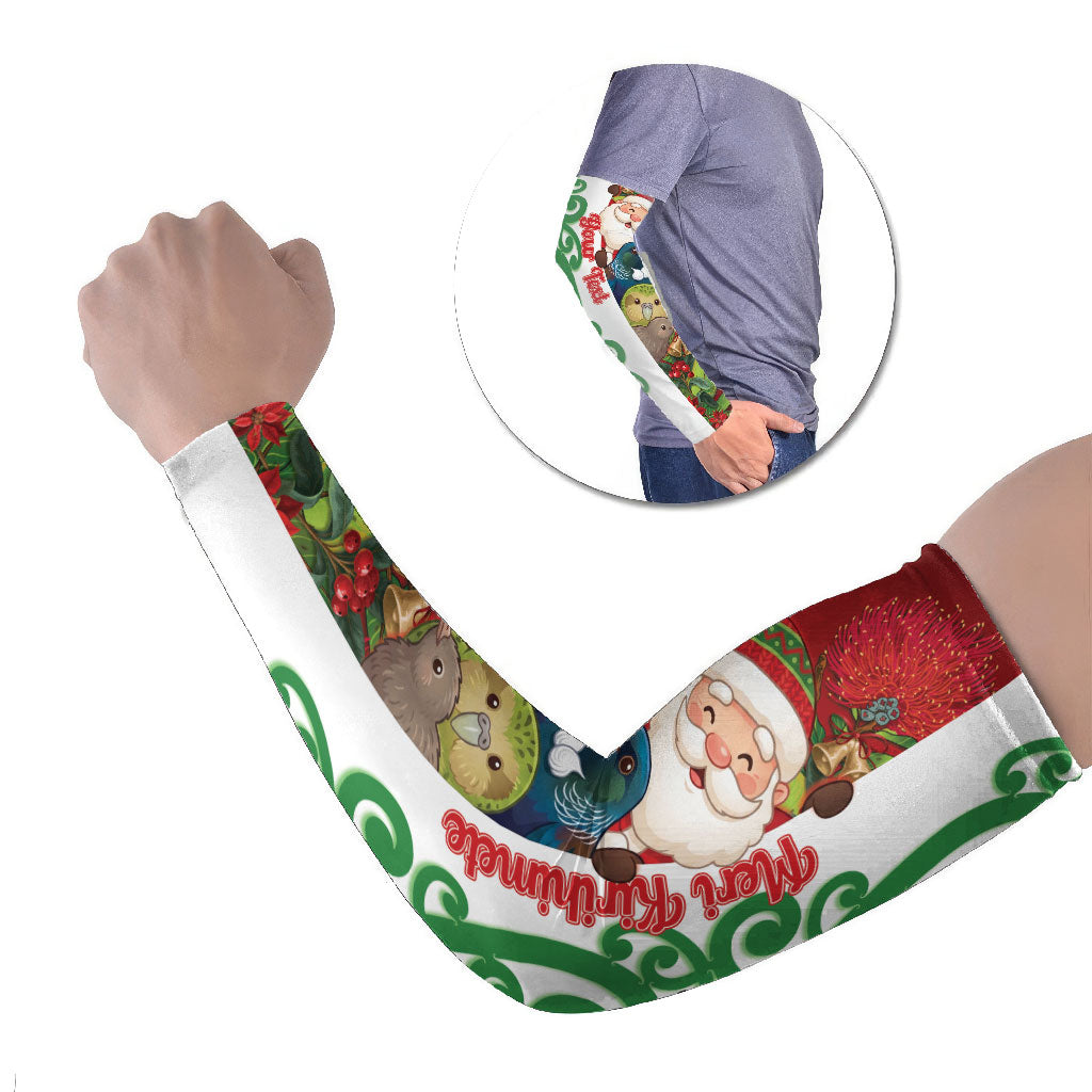Meri Kirihimete New Zealand Personalised Arm Sleeves Cute Santa NZ Animals and Pohutukawa LT14 Set of 2 Red - Polynesian Pride