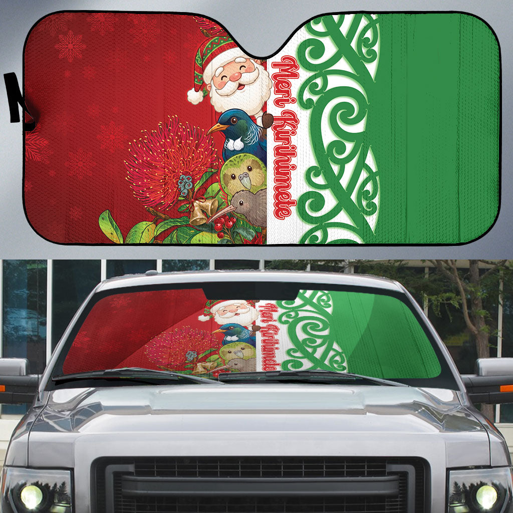 Meri Kirihimete New Zealand Auto Sun Shade Cute Santa NZ Animals and Pohutukawa LT14 Red - Polynesian Pride