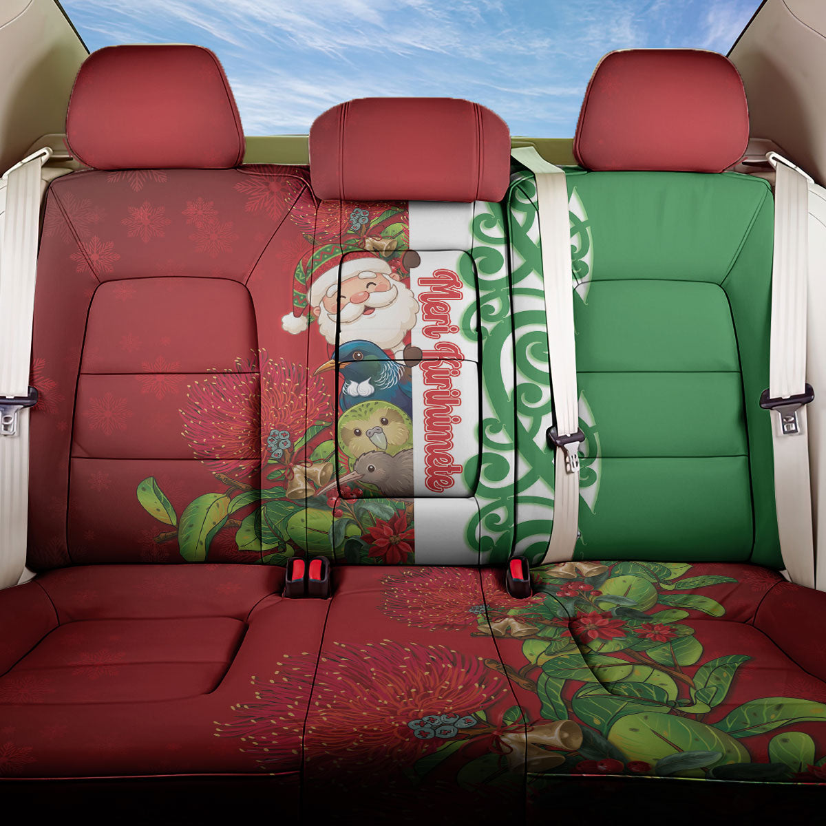 Meri Kirihimete New Zealand Back Car Seat Cover Cute Santa NZ Animals and Pohutukawa LT14 One Size Red - Polynesian Pride