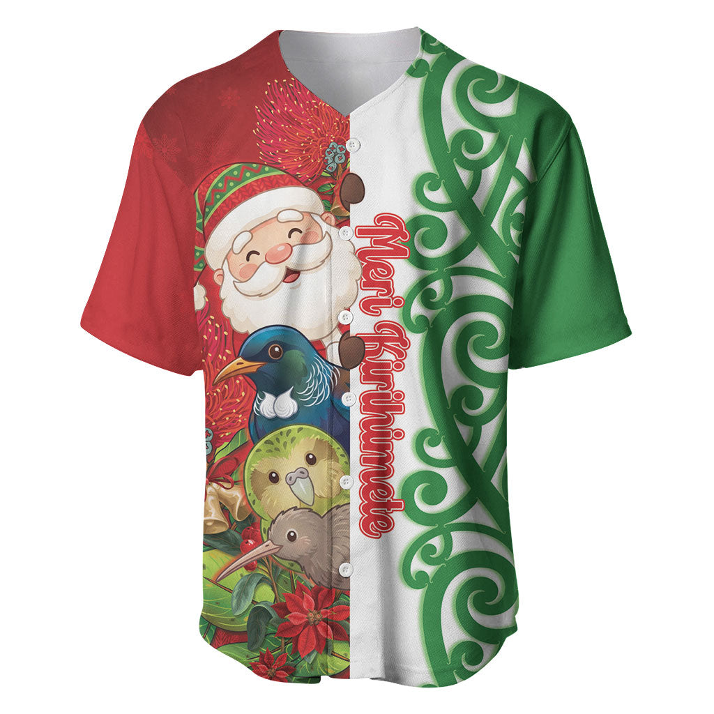 Meri Kirihimete New Zealand Personalised Baseball Jersey Cute Santa NZ Animals and Pohutukawa LT14 Red - Polynesian Pride