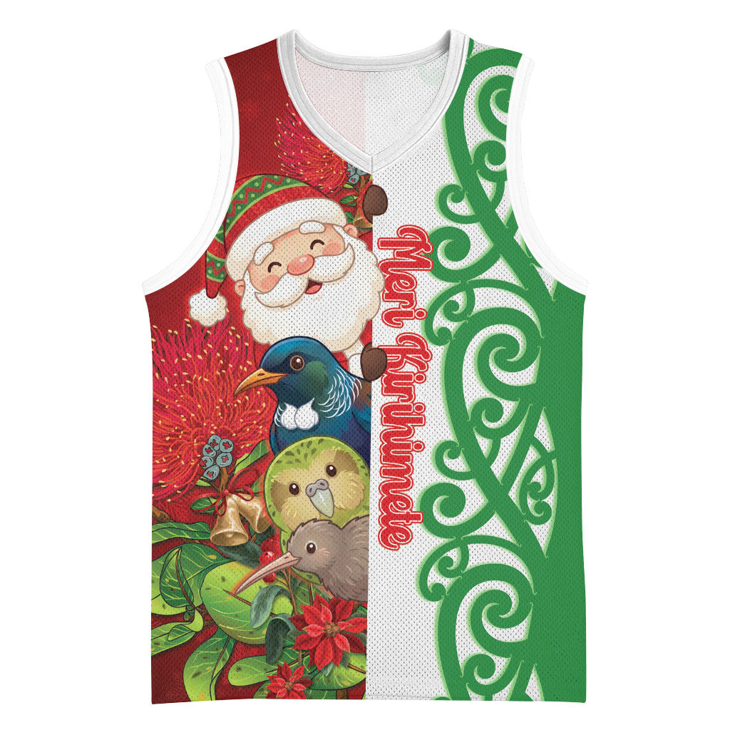 Meri Kirihimete New Zealand Personalised Basketball Jersey Cute Santa NZ Animals and Pohutukawa LT14 Unisex Red - Polynesian Pride