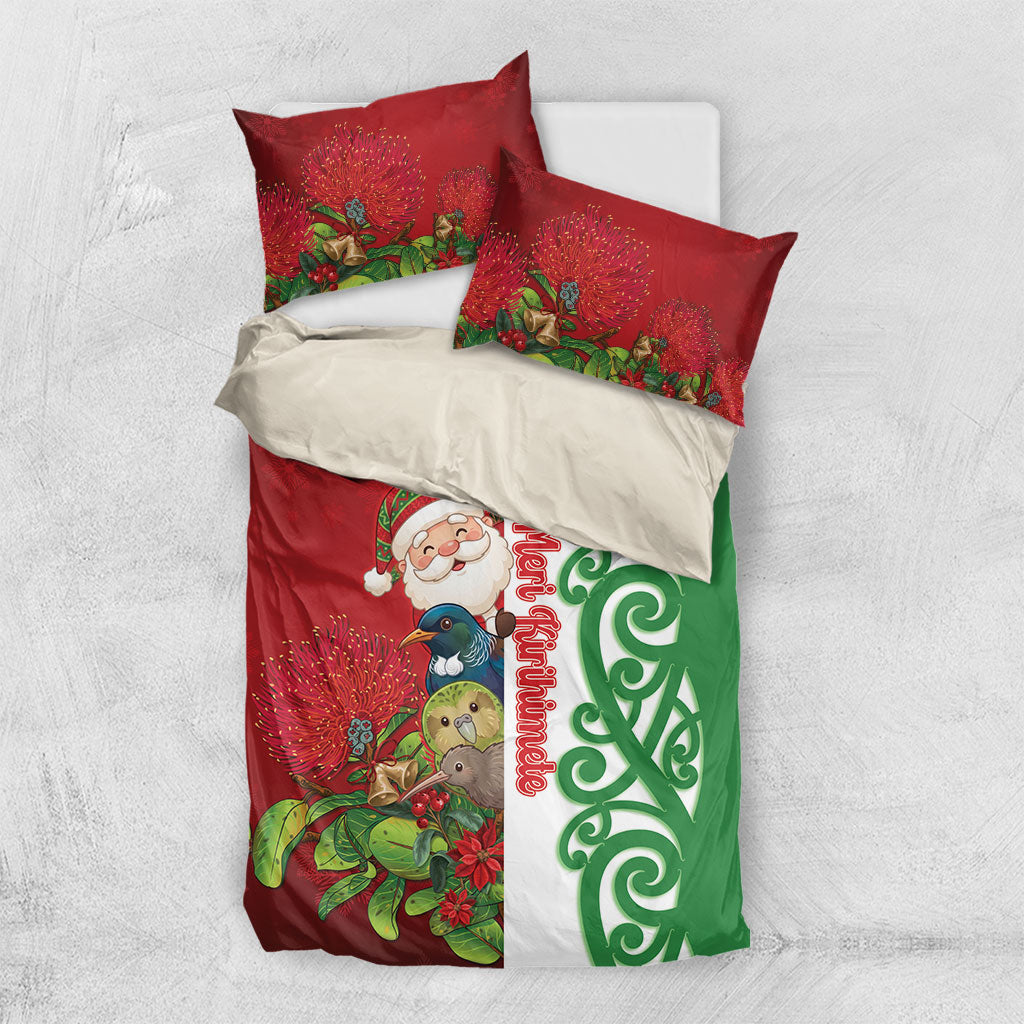 Meri Kirihimete New Zealand Bedding Set Cute Santa NZ Animals and Pohutukawa LT14 US Twin 172cm x 218cm Red - Polynesian Pride