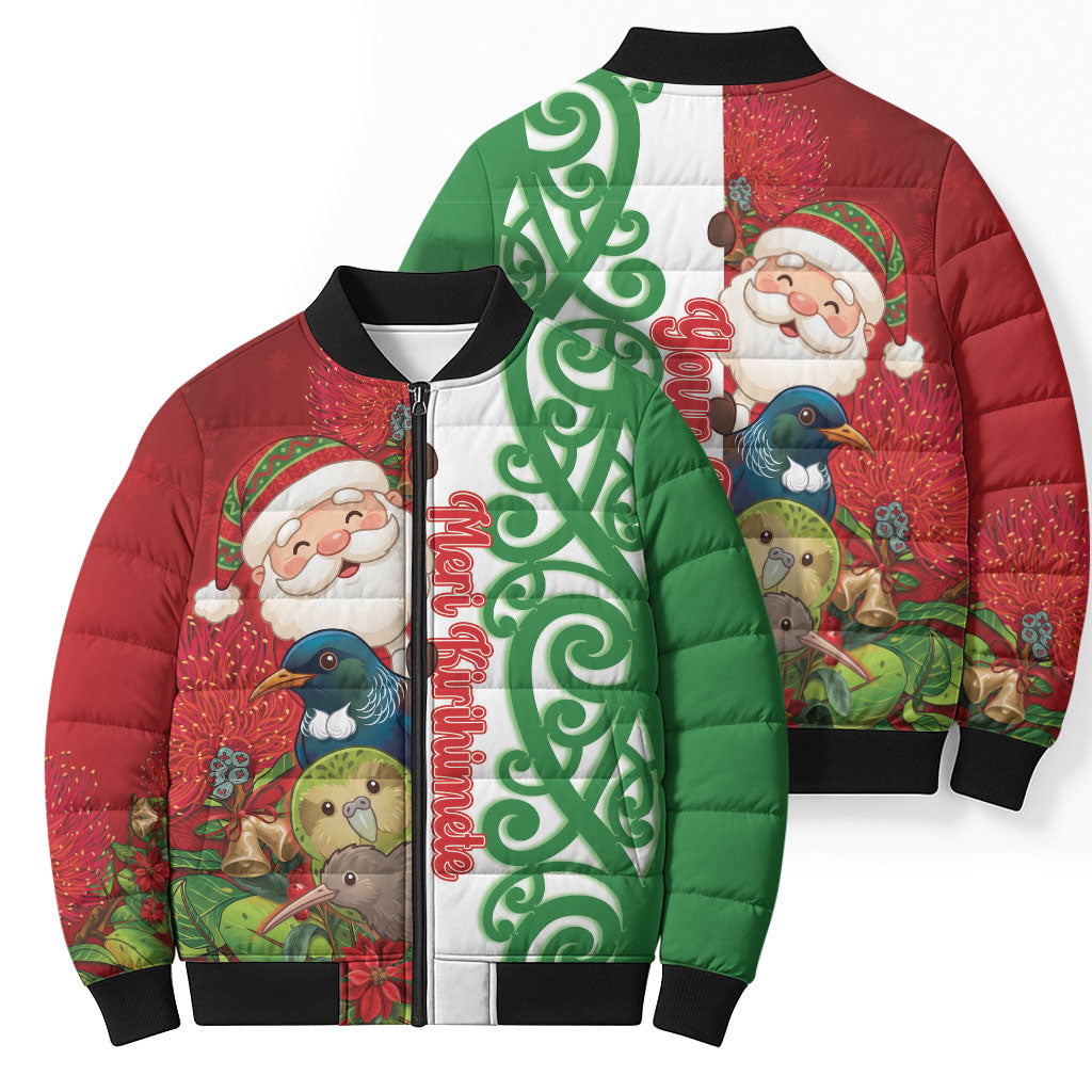 Meri Kirihimete New Zealand Personalised Bomber Puffer Jacket Cute Santa NZ Animals and Pohutukawa LT14 - Polynesian Pride