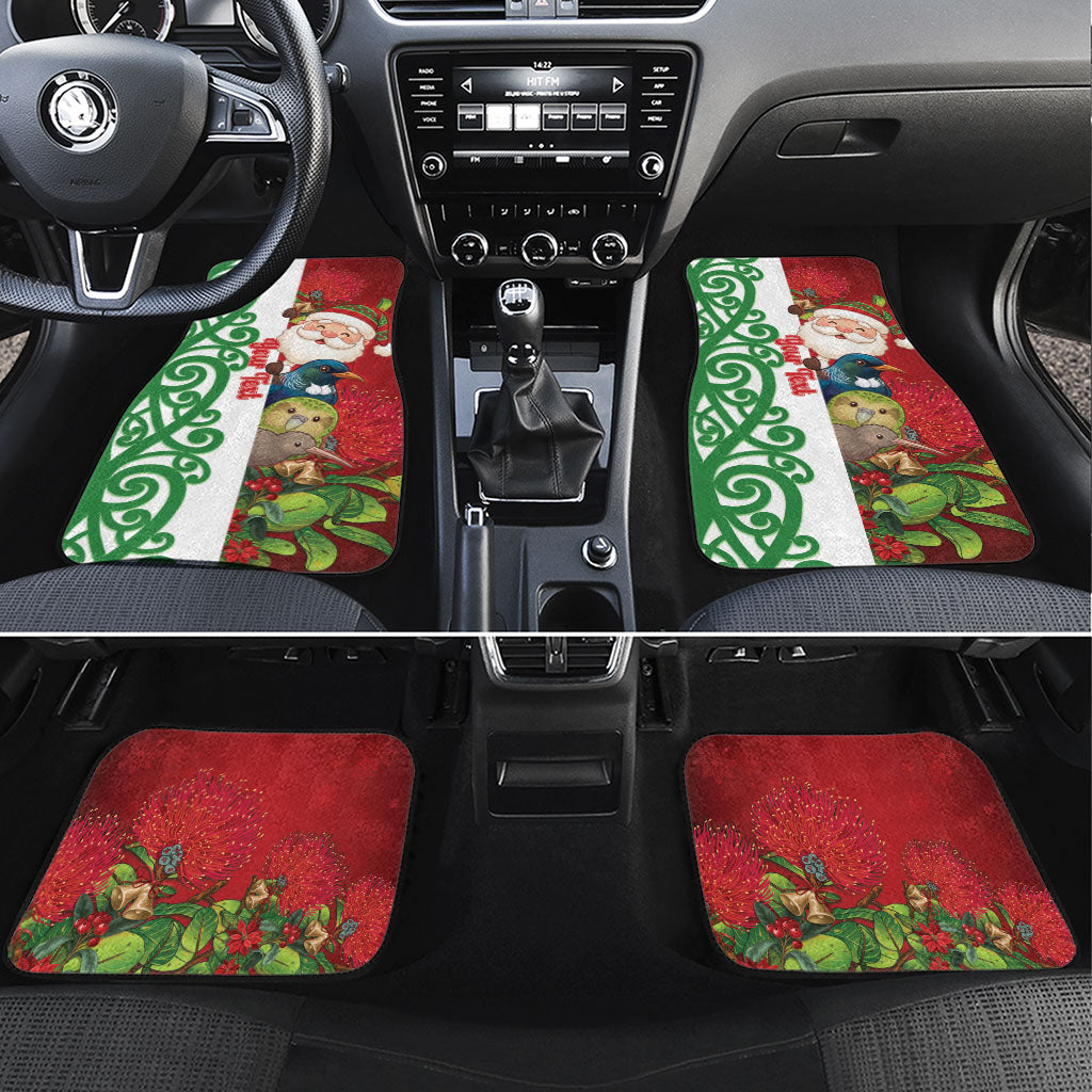 Meri Kirihimete New Zealand Personalised Car Mats Cute Santa NZ Animals and Pohutukawa LT14 Set 4pcs Red - Polynesian Pride