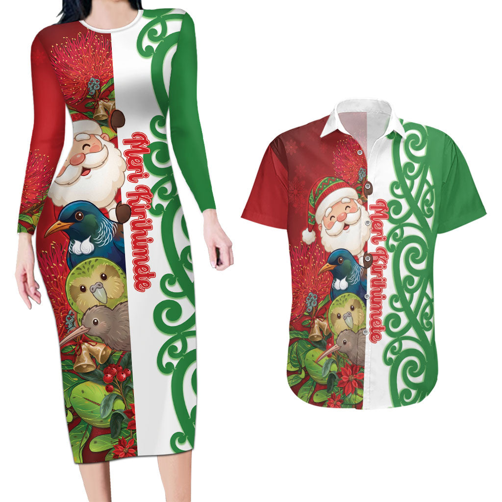 Meri Kirihimete New Zealand Personalised Couples Matching Long Sleeve Bodycon Dress and Hawaiian Shirt Cute Santa NZ Animals and Pohutukawa LT14 Red - Polynesian Pride