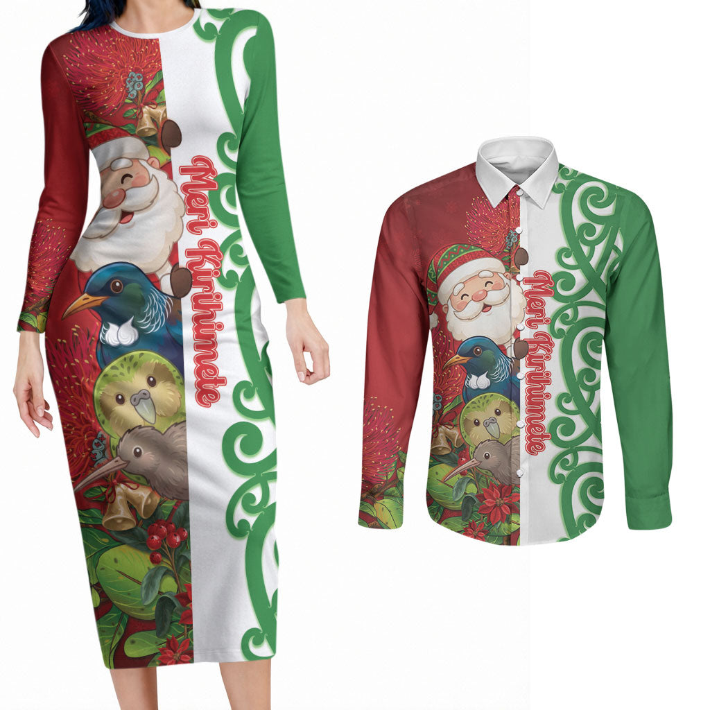 Meri Kirihimete New Zealand Personalised Couples Matching Long Sleeve Bodycon Dress and Long Sleeve Button Shirt Cute Santa NZ Animals and Pohutukawa LT14 Red - Polynesian Pride