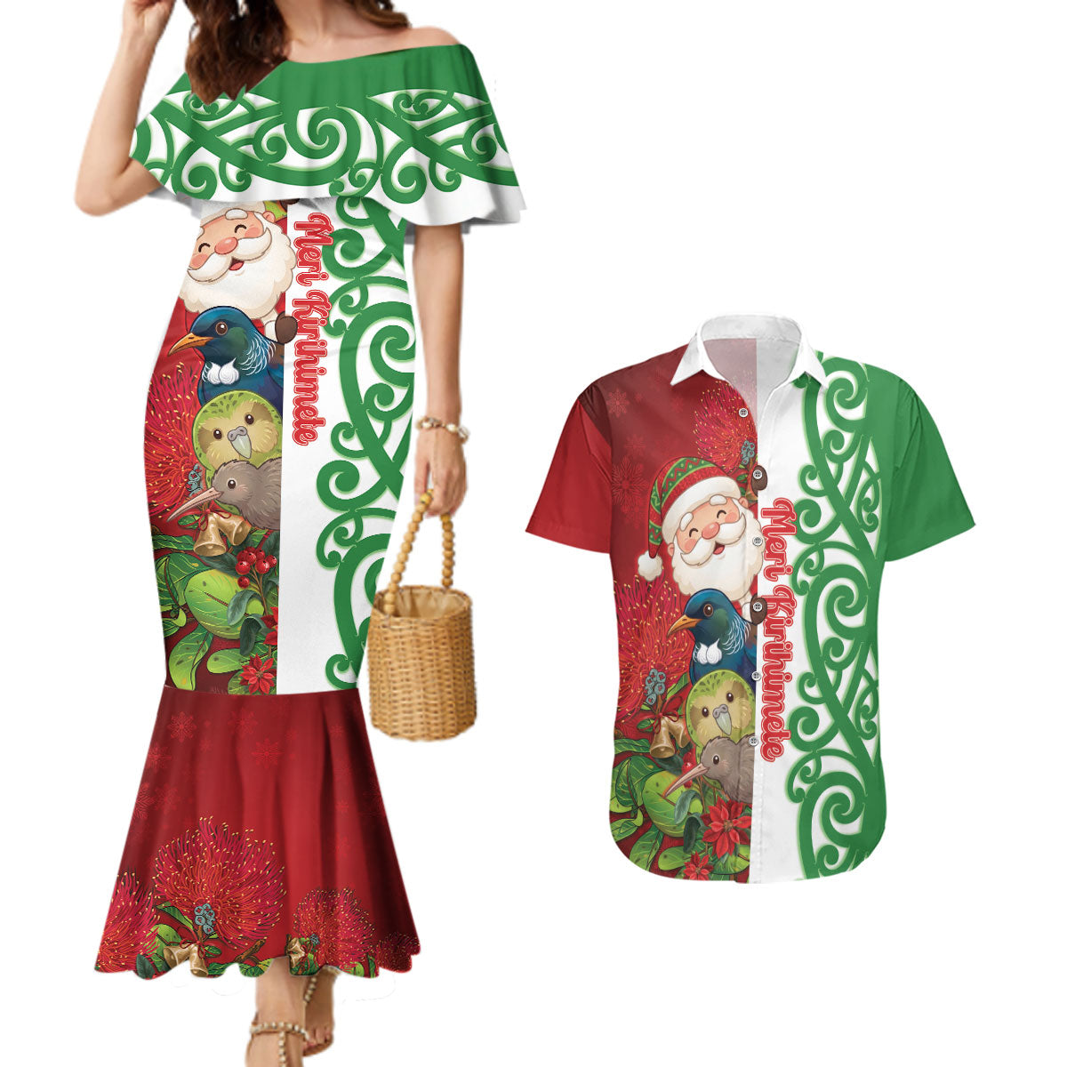 Meri Kirihimete New Zealand Personalised Couples Matching Mermaid Dress and Hawaiian Shirt Cute Santa NZ Animals and Pohutukawa LT14 Red - Polynesian Pride