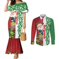 Meri Kirihimete New Zealand Personalised Couples Matching Mermaid Dress and Long Sleeve Button Shirt Cute Santa NZ Animals and Pohutukawa LT14 Red - Polynesian Pride