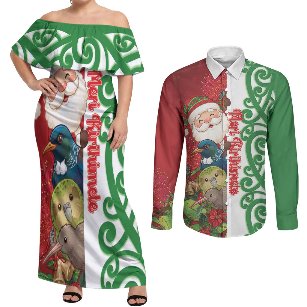 Meri Kirihimete New Zealand Personalised Couples Matching Off Shoulder Maxi Dress and Long Sleeve Button Shirt Cute Santa NZ Animals and Pohutukawa LT14 Red - Polynesian Pride
