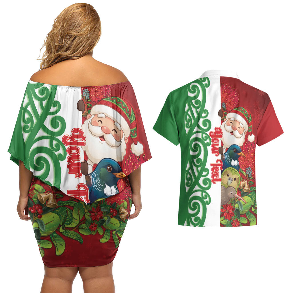 Meri Kirihimete New Zealand Personalised Couples Matching Off Shoulder Short Dress and Hawaiian Shirt Cute Santa NZ Animals and Pohutukawa LT14 - Polynesian Pride