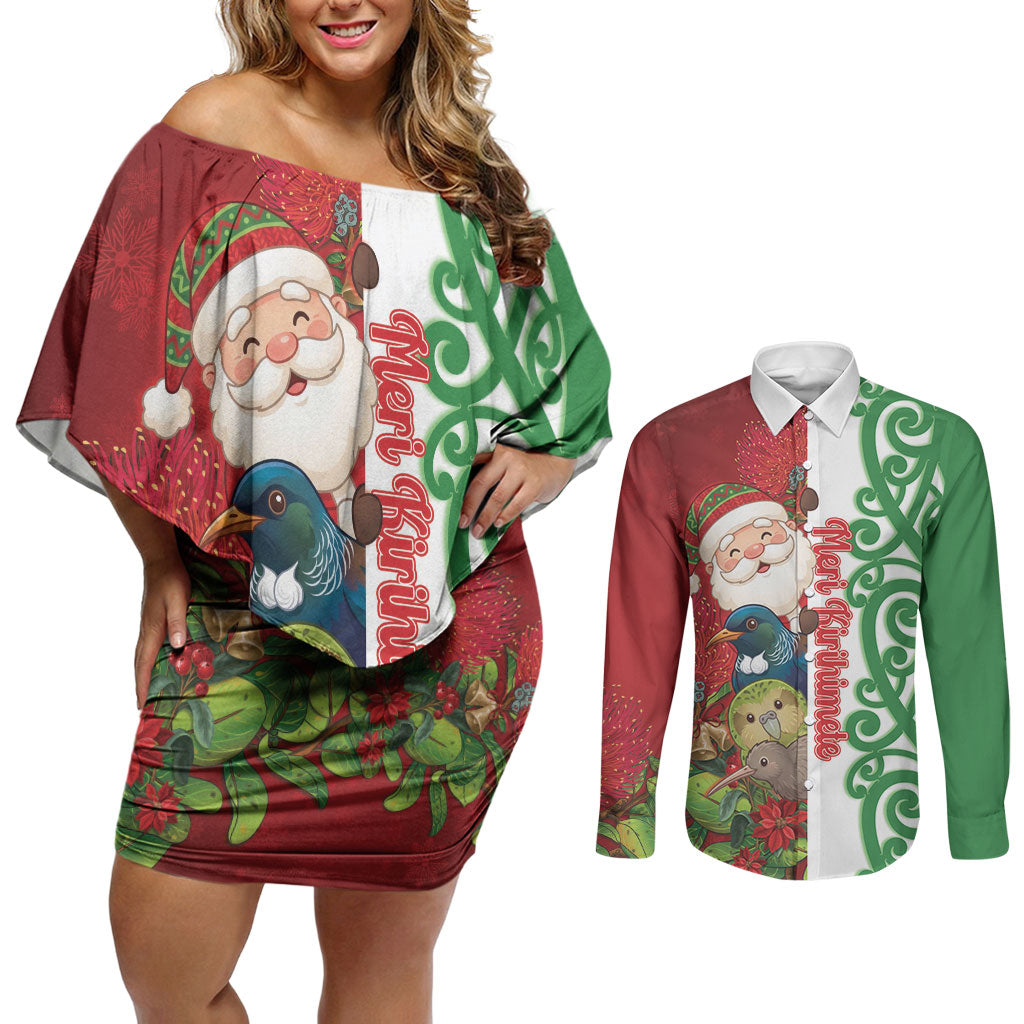 Meri Kirihimete New Zealand Personalised Couples Matching Off Shoulder Short Dress and Long Sleeve Button Shirt Cute Santa NZ Animals and Pohutukawa LT14 Red - Polynesian Pride