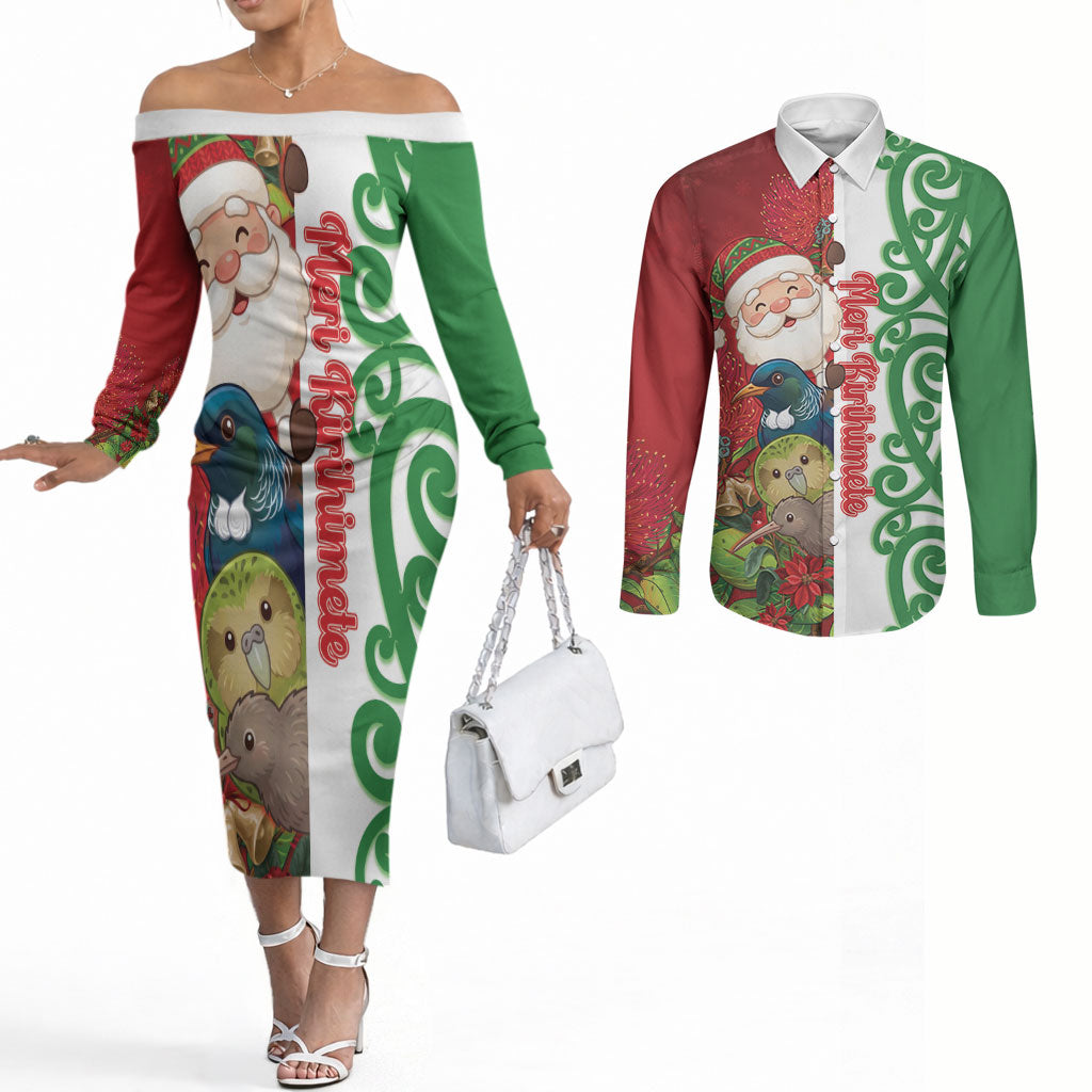 Meri Kirihimete New Zealand Personalised Couples Matching Off The Shoulder Long Sleeve Dress and Long Sleeve Button Shirt Cute Santa NZ Animals and Pohutukawa LT14 Red - Polynesian Pride