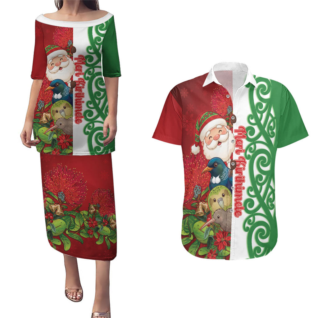 Meri Kirihimete New Zealand Personalised Couples Matching Puletasi and Hawaiian Shirt Cute Santa NZ Animals and Pohutukawa LT14 Red - Polynesian Pride