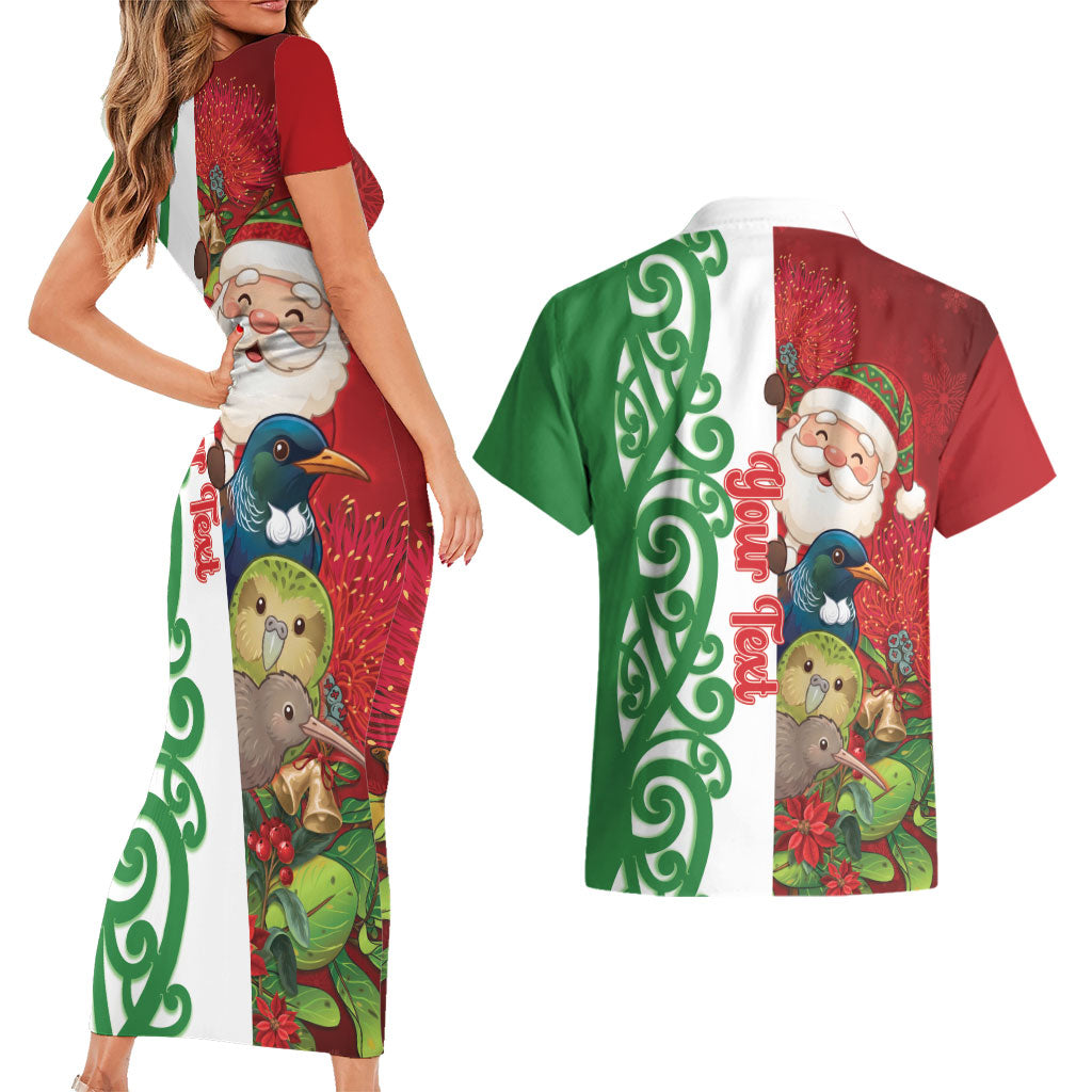 Meri Kirihimete New Zealand Personalised Couples Matching Short Sleeve Bodycon Dress and Hawaiian Shirt Cute Santa NZ Animals and Pohutukawa LT14 - Polynesian Pride