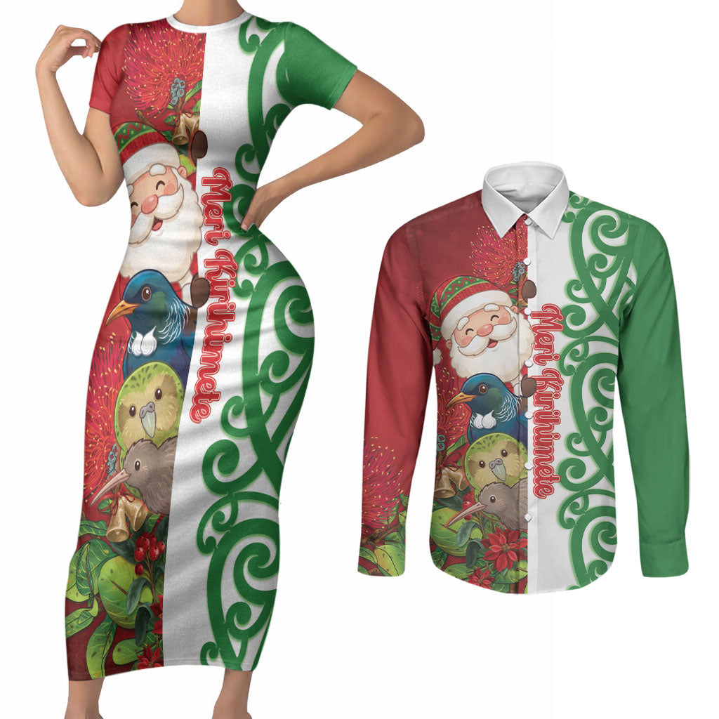 Meri Kirihimete New Zealand Personalised Couples Matching Short Sleeve Bodycon Dress and Long Sleeve Button Shirt Cute Santa NZ Animals and Pohutukawa LT14 Red - Polynesian Pride