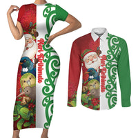 Meri Kirihimete New Zealand Personalised Couples Matching Short Sleeve Bodycon Dress and Long Sleeve Button Shirt Cute Santa NZ Animals and Pohutukawa LT14 Red - Polynesian Pride