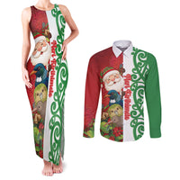 Meri Kirihimete New Zealand Personalised Couples Matching Tank Maxi Dress and Long Sleeve Button Shirt Cute Santa NZ Animals and Pohutukawa LT14 Red - Polynesian Pride
