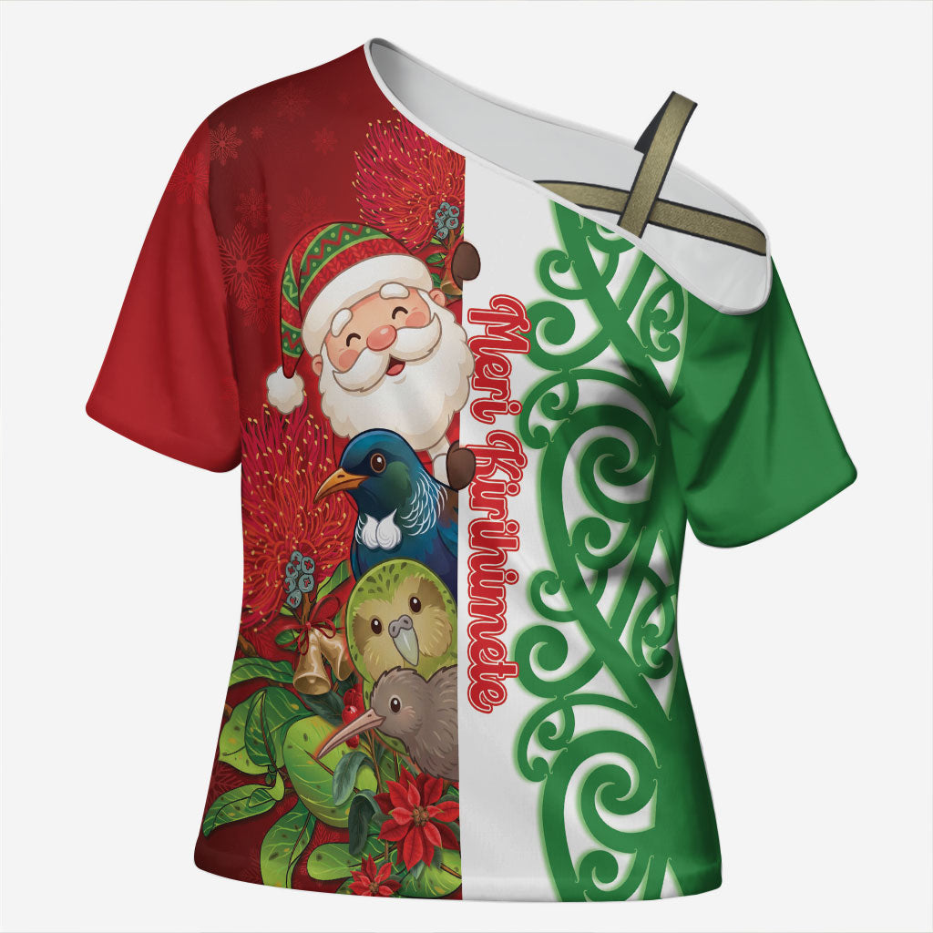 Meri Kirihimete New Zealand Personalised Cross Shoulder Shirt Cute Santa NZ Animals and Pohutukawa LT14 Female Red - Polynesian Pride