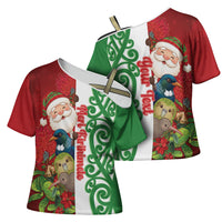 Meri Kirihimete New Zealand Personalised Cross Shoulder Shirt Cute Santa NZ Animals and Pohutukawa LT14 - Polynesian Pride