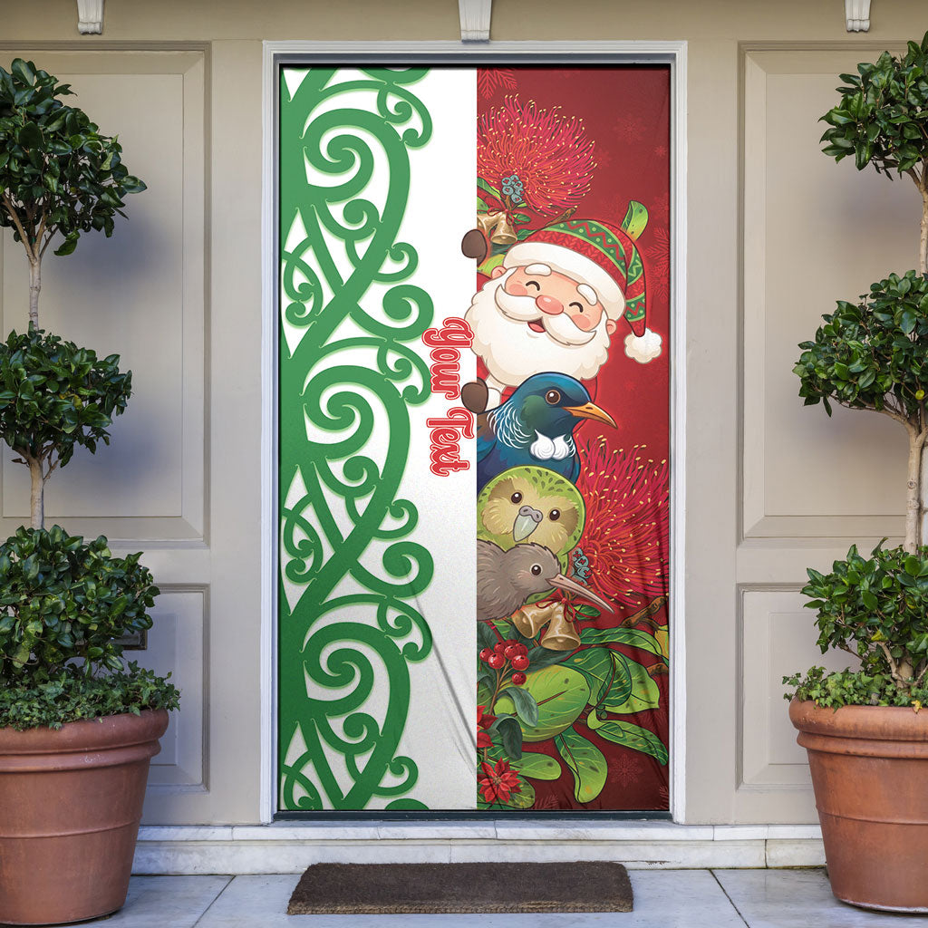 Meri Kirihimete New Zealand Personalised Door Cover Cute Santa NZ Animals and Pohutukawa LT14 Red - Polynesian Pride