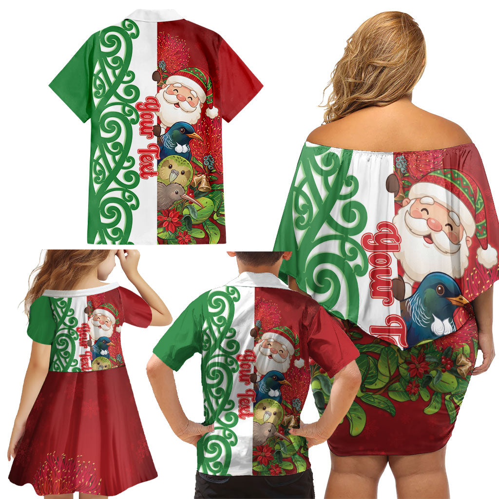 Meri Kirihimete New Zealand Personalised Family Matching Off Shoulder Short Dress and Hawaiian Shirt Cute Santa NZ Animals and Pohutukawa LT14 - Polynesian Pride