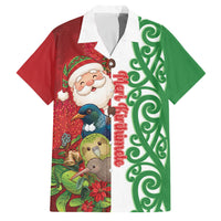 Meri Kirihimete New Zealand Personalised Family Matching Off Shoulder Short Dress and Hawaiian Shirt Cute Santa NZ Animals and Pohutukawa LT14 Dad's Shirt - Short Sleeve Red - Polynesian Pride