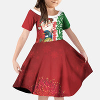 Meri Kirihimete New Zealand Personalised Family Matching Puletasi and Hawaiian Shirt Cute Santa NZ Animals and Pohutukawa LT14 Daughter's Dress Red - Polynesian Pride