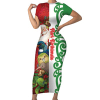 Meri Kirihimete New Zealand Personalised Family Matching Short Sleeve Bodycon Dress and Hawaiian Shirt Cute Santa NZ Animals and Pohutukawa LT14 Mom's Dress Red - Polynesian Pride