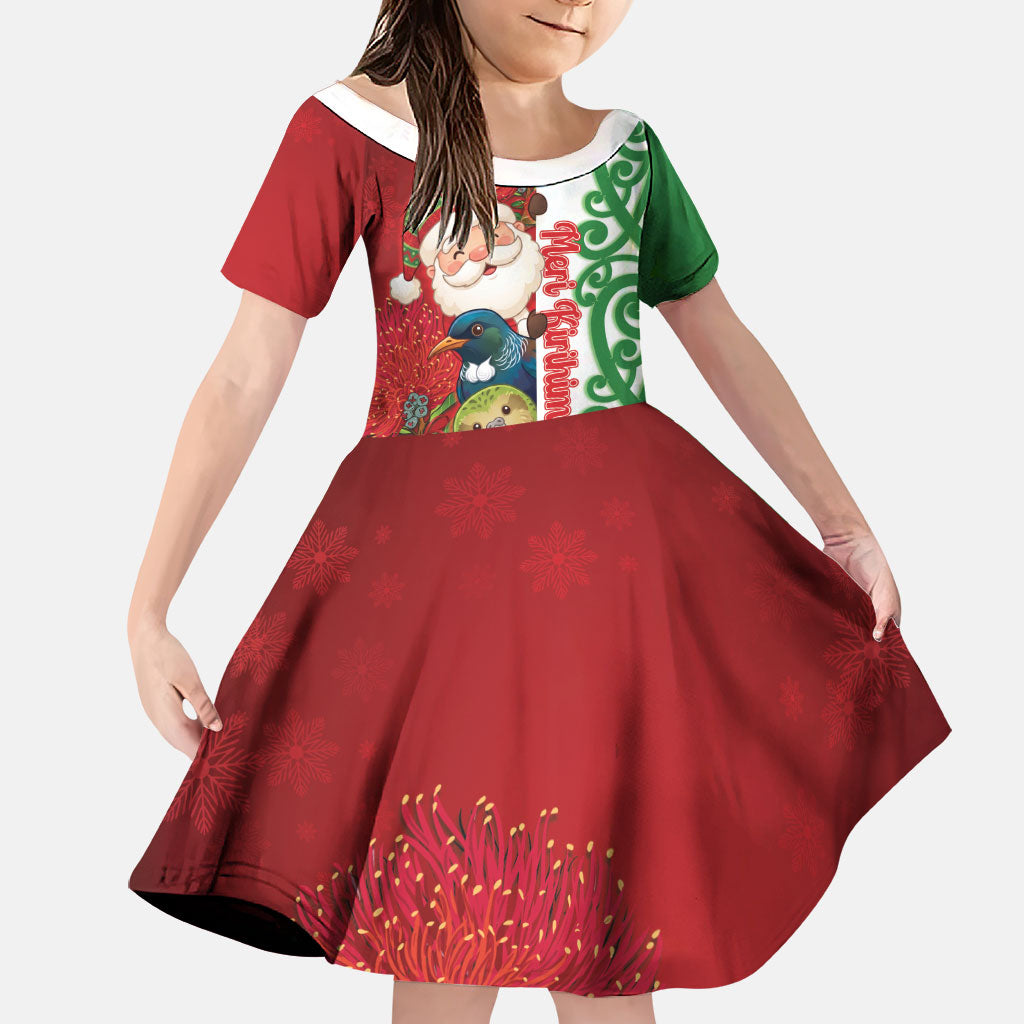 Meri Kirihimete New Zealand Personalised Family Matching Summer Maxi Dress and Hawaiian Shirt Cute Santa NZ Animals and Pohutukawa LT14 Daughter's Dress Red - Polynesian Pride